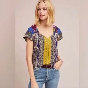 ANTHROPOLOGIE MOULINETTE SOEURS Teresita Scarf Printed Paisley Blouse Top Size 0